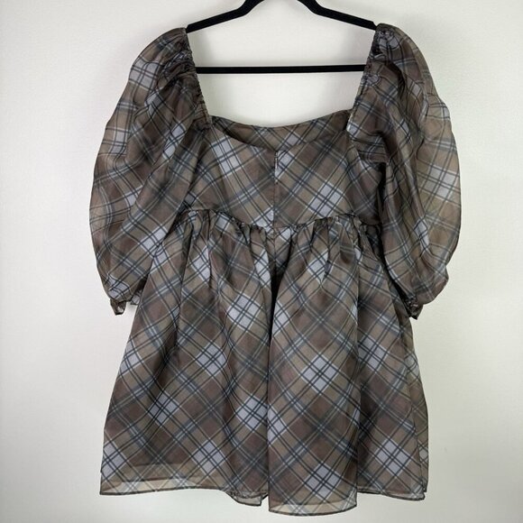 Selkie The Plaid Puff Dress Brown Black Organza Babydoll Mini Size Medium - Picture 11 of 11